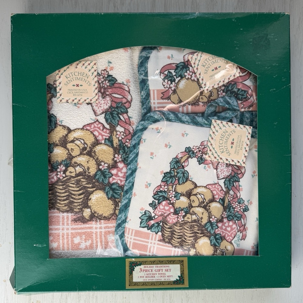 1990 Mushroom Vtg Kitchen Set Towel, Pot Holder, Oven Mitt Cottage Country NEW